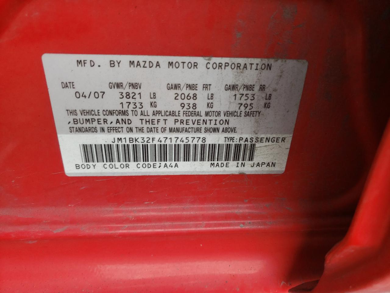Photo 10 from auction – 2007 MAZDA 3 I with VIN JM1BK32F471745778