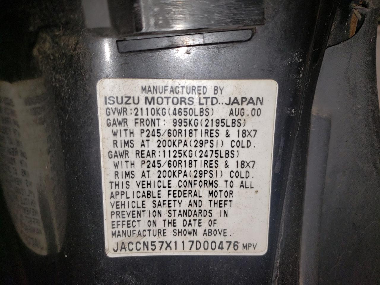 Photo 10 from auction – 2001 ISUZU VEHICROSS with VIN JACCN57X117D00476