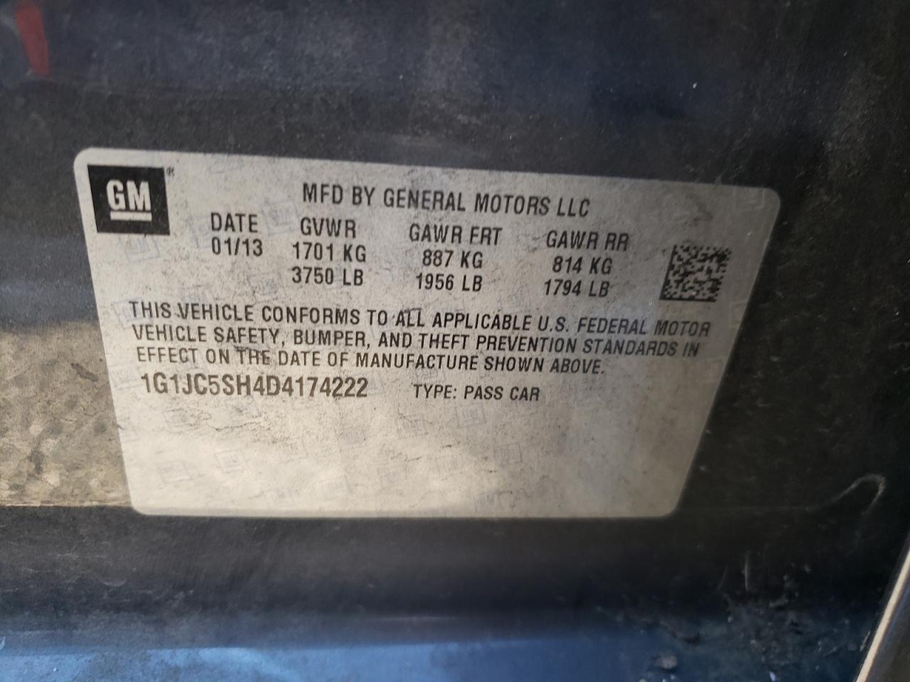 Photo 10 from auction – 2013 CHEVROLET SONIC LT with VIN 1G1JC5SH4D4174222