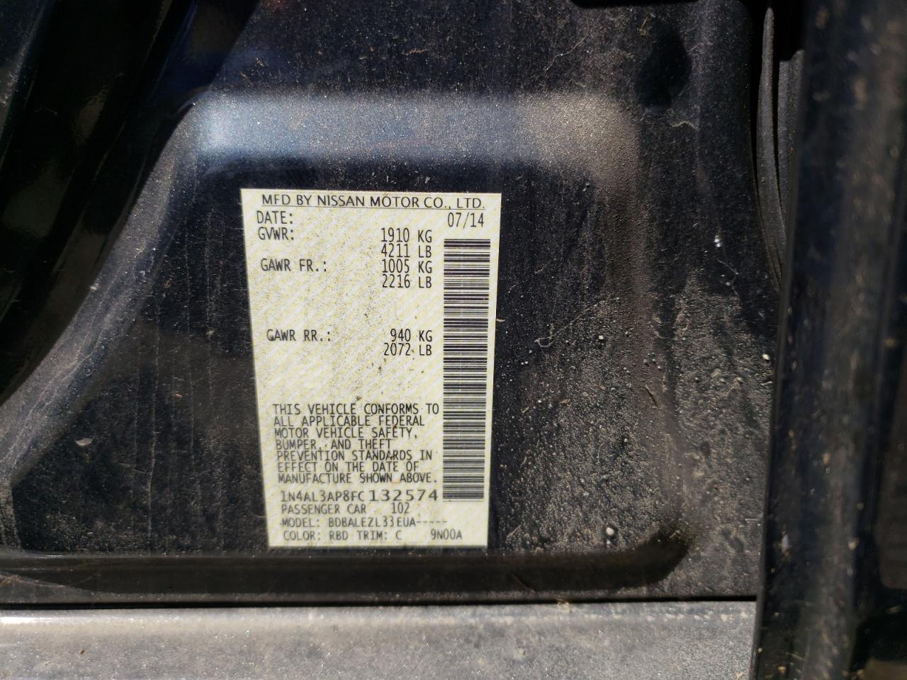 Photo 10 from auction – 2015 NISSAN ALTIMA 2.5 with VIN 1N4AL3AP8FC132574