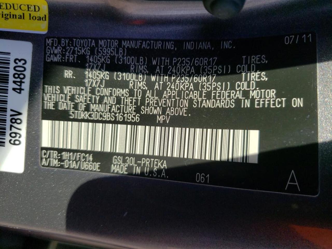 Photo 10 from auction – 2011 TOYOTA SIENNA LE with VIN 5TDKK3DC9BS161956