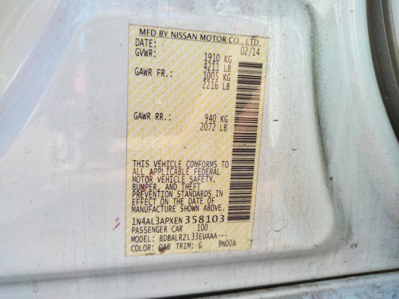Photo 10 from auction – 2014 NISSAN ALTIMA 2.5 with VIN 1N4AL3APXEN358103