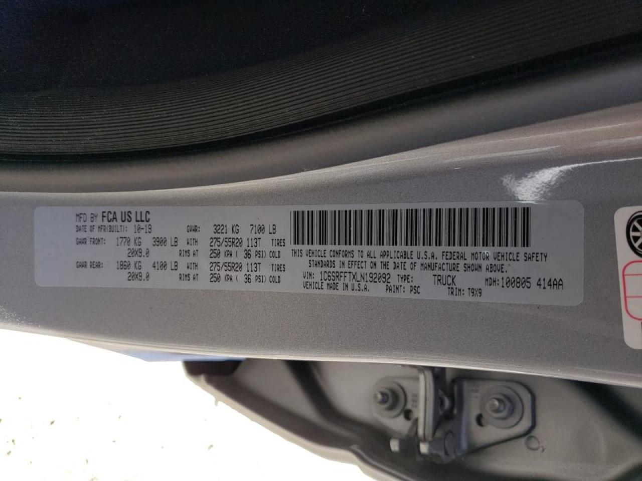 Photo 10 from auction – 2020 RAM 1500 BIG H with VIN 1C6SRFFTXLN192092