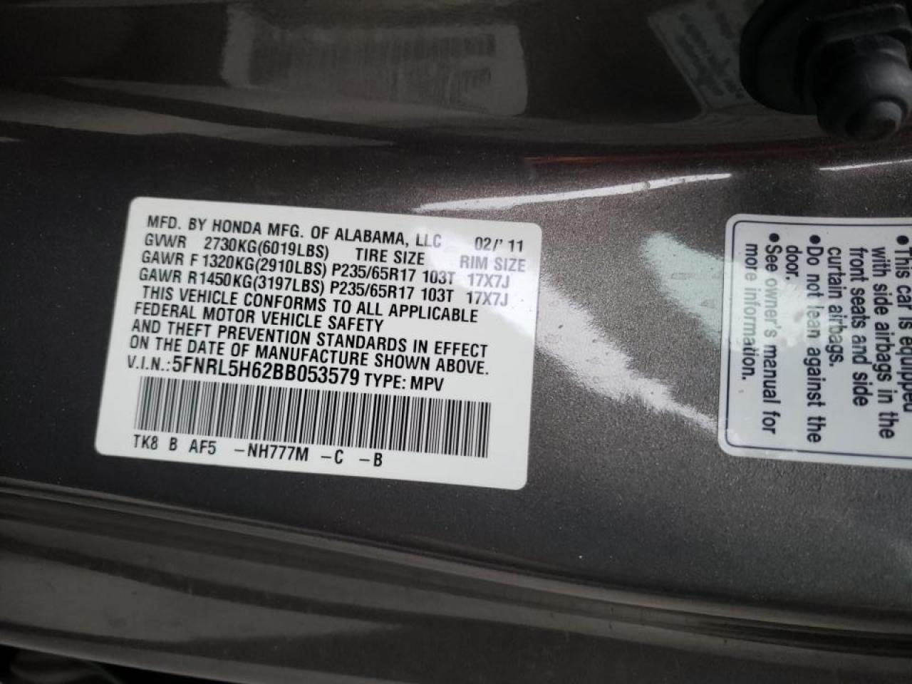 Photo 10 from auction – 2011 HONDA ODYSSEY EX with VIN 5FNRL5H62BB053579