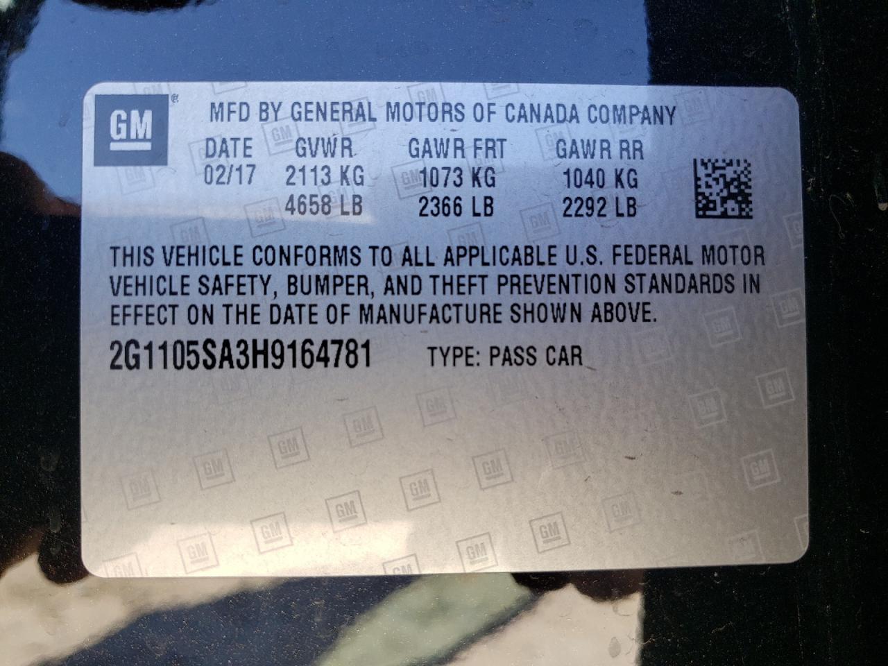 Photo 10 from auction – 2017 CHEVROLET IMPALA LT with VIN 2G1105SA3H9164781