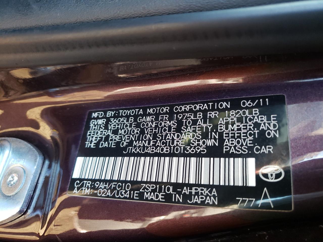 Photo 10 from auction – 2011 TOYOTA SCION XD with VIN JTKKU4B40B1013695