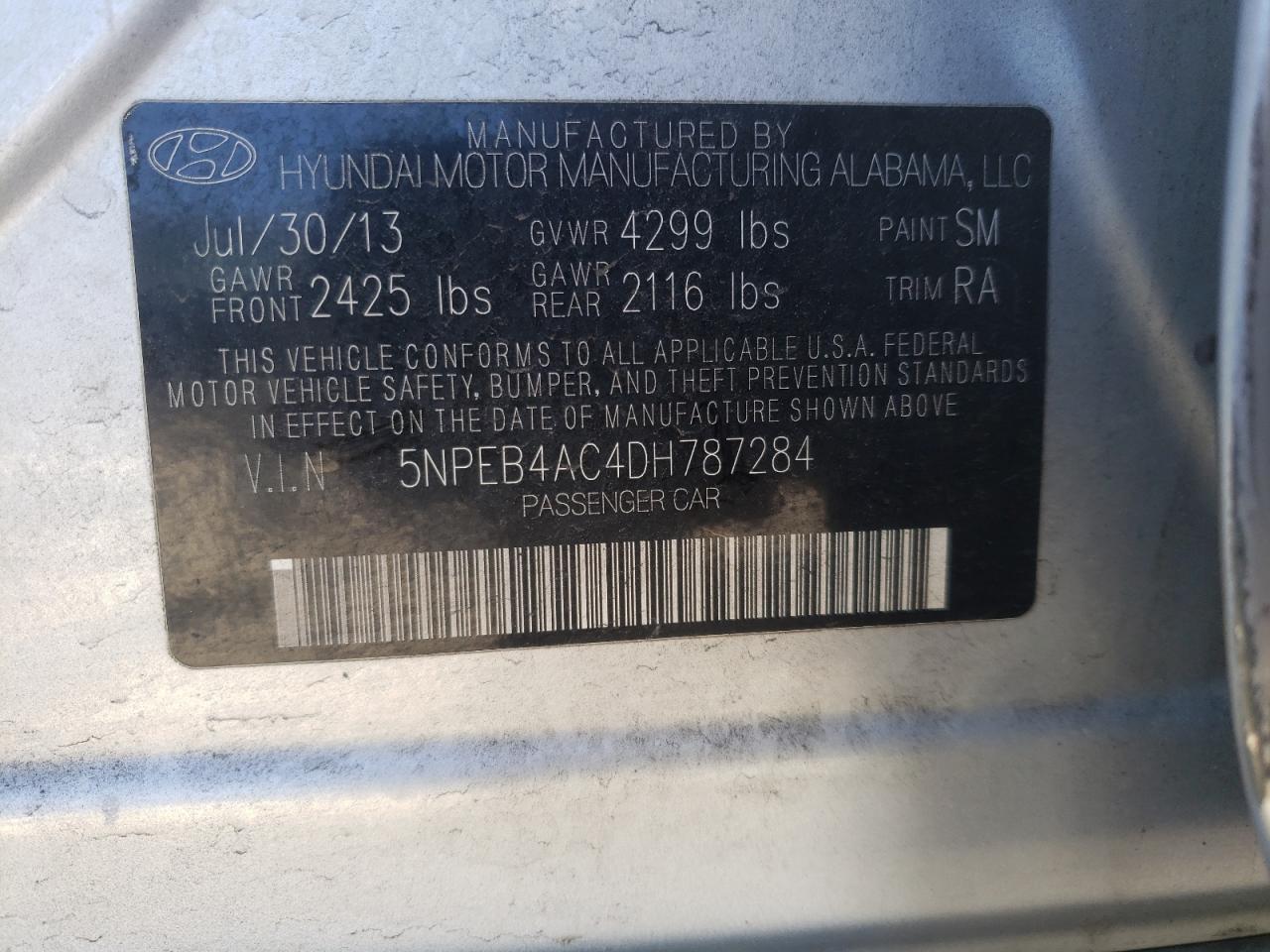 Photo 10 from auction – 2013 HYUNDAI SONATA GLS with VIN 5NPEB4AC4DH787284