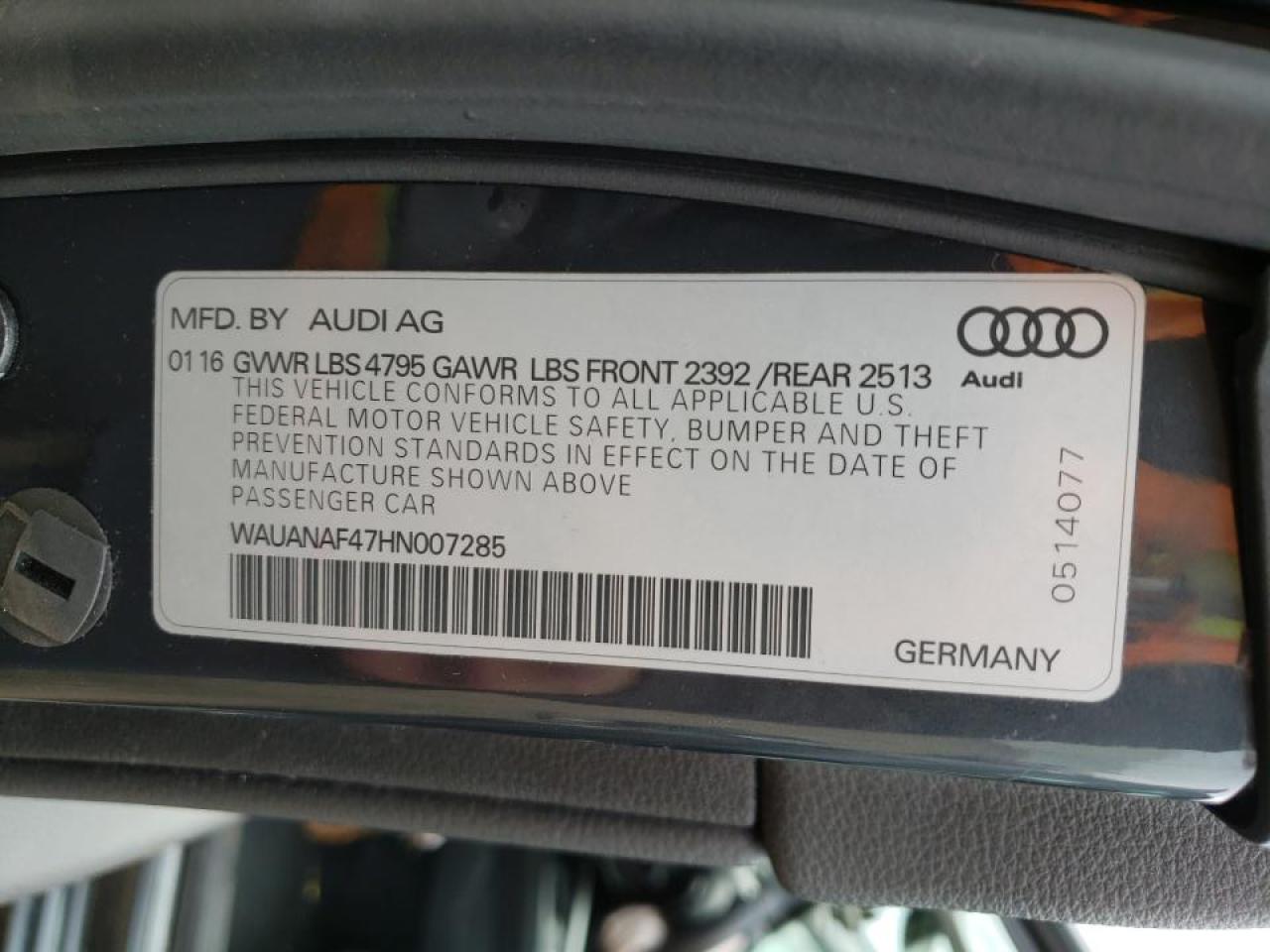 Photo 10 from auction – 2017 AUDI A4 PREMIUM with VIN WAUANAF47HN007285
