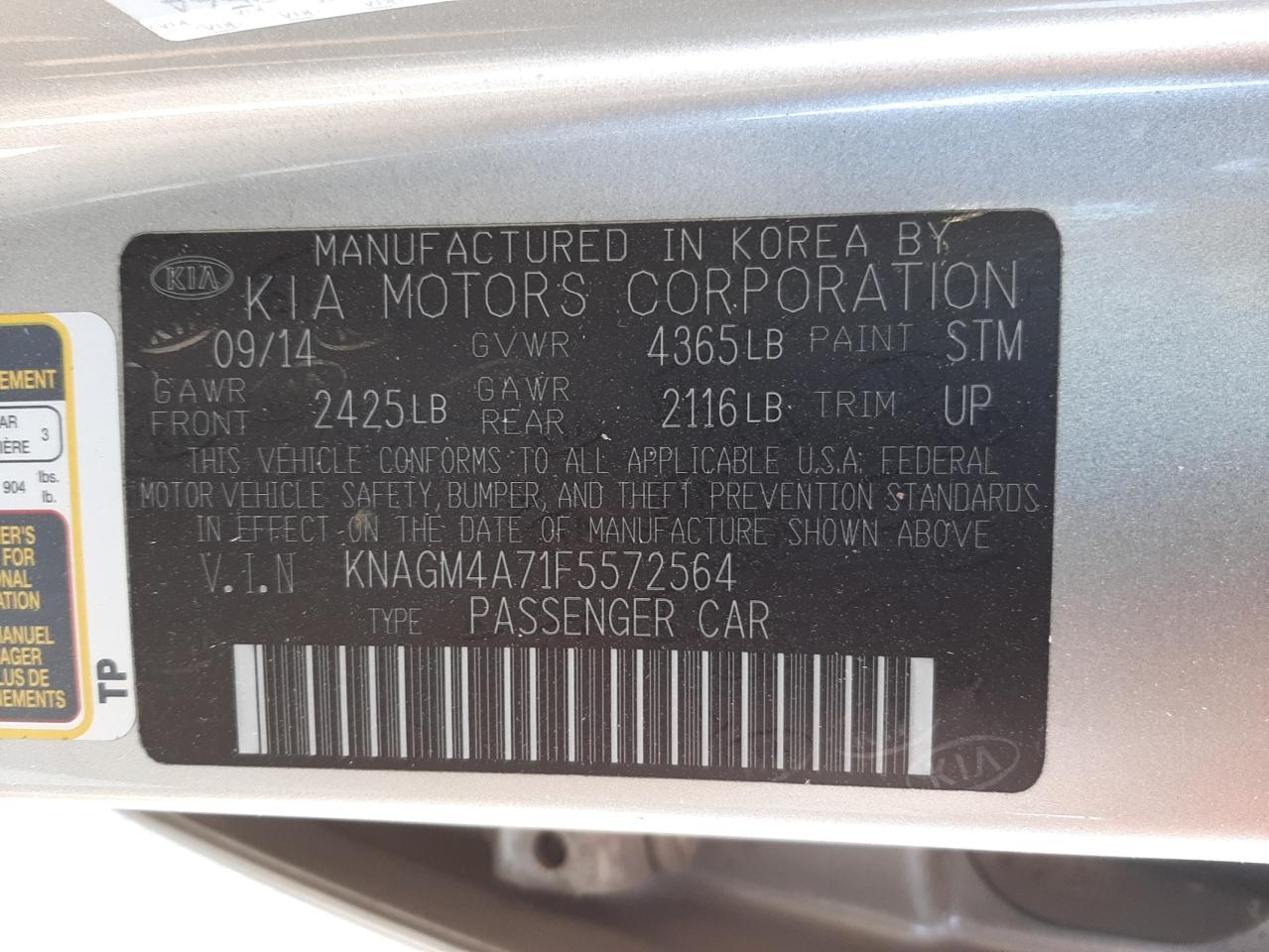 Photo 10 from auction – 2015 KIA OPTIMA LX with VIN KNAGM4A71F5572564