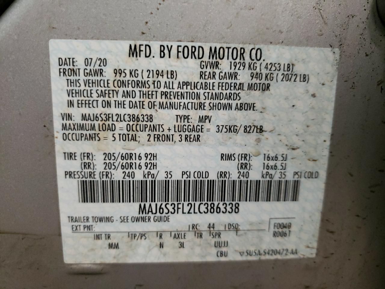 Photo 10 from auction – 2020 FORD ECOSPORT S with VIN MAJ6S3FL2LC386338