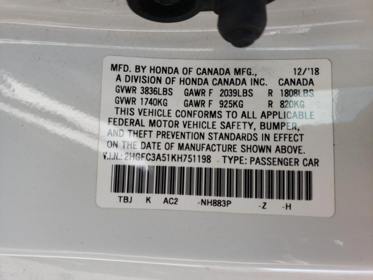 Photo 10 from auction – 2019 HONDA CIVIC SI with VIN 2HGFC3A51KH751198