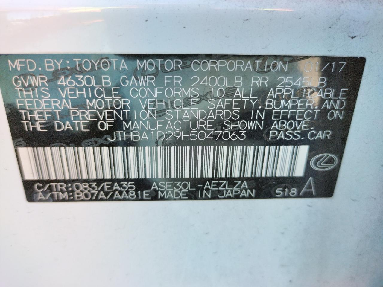 Photo 10 from auction – 2017 LEXUS IS 200T with VIN JTHBA1D29H5047063