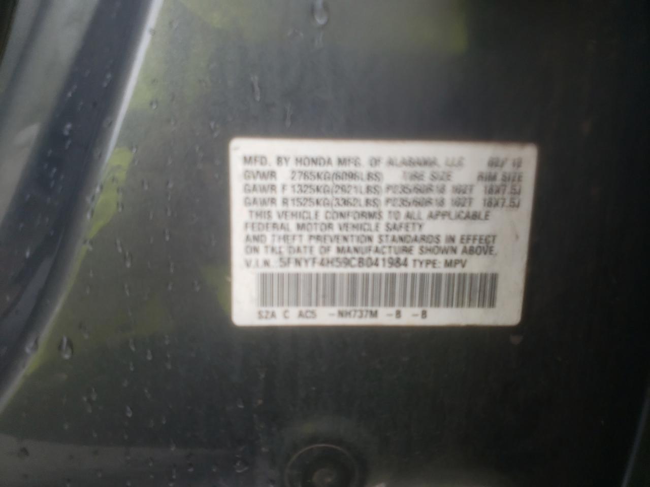 Photo 10 from auction – 2012 HONDA PILOT EXL with VIN 5FNYF4H59CB041984