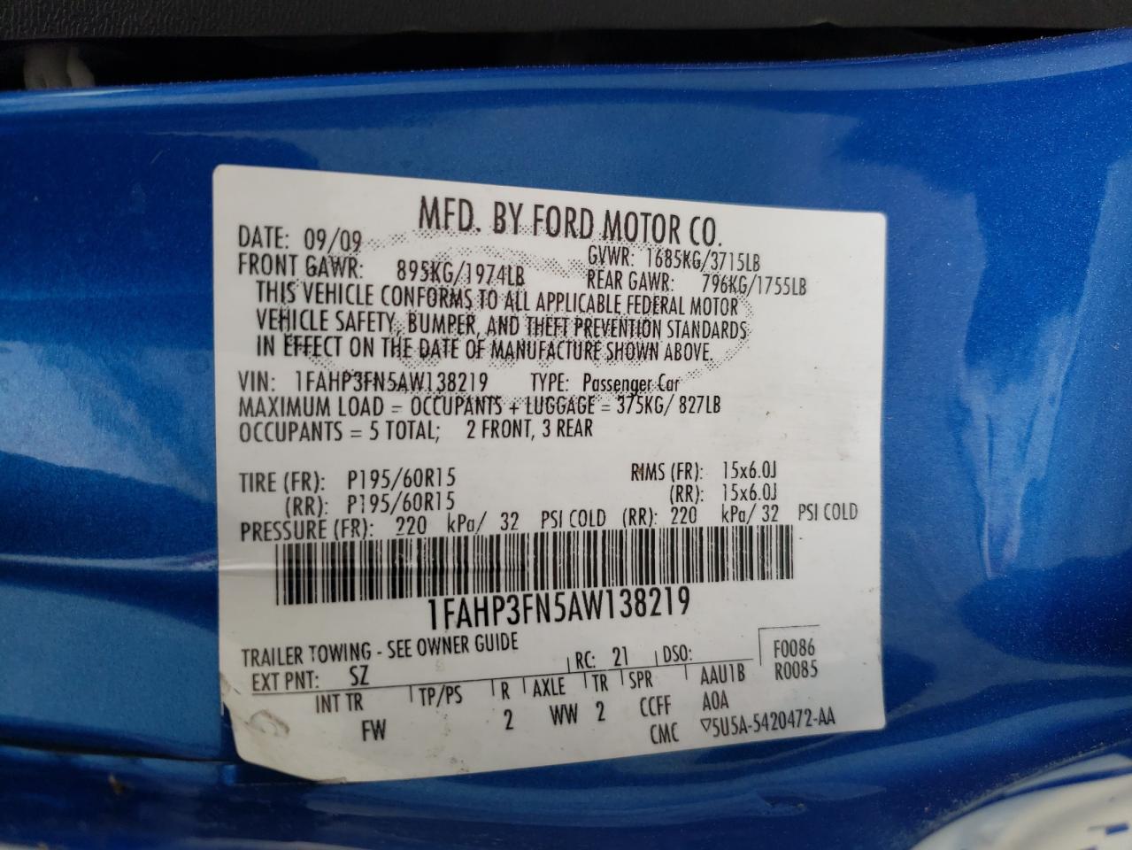 Photo 10 from auction – 2010 FORD FOCUS SE with VIN 1FAHP3FN5AW138219
