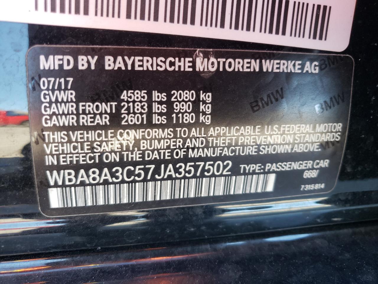 Photo 10 from auction – 2018 BMW 320 XI with VIN WBA8A3C57JA357502