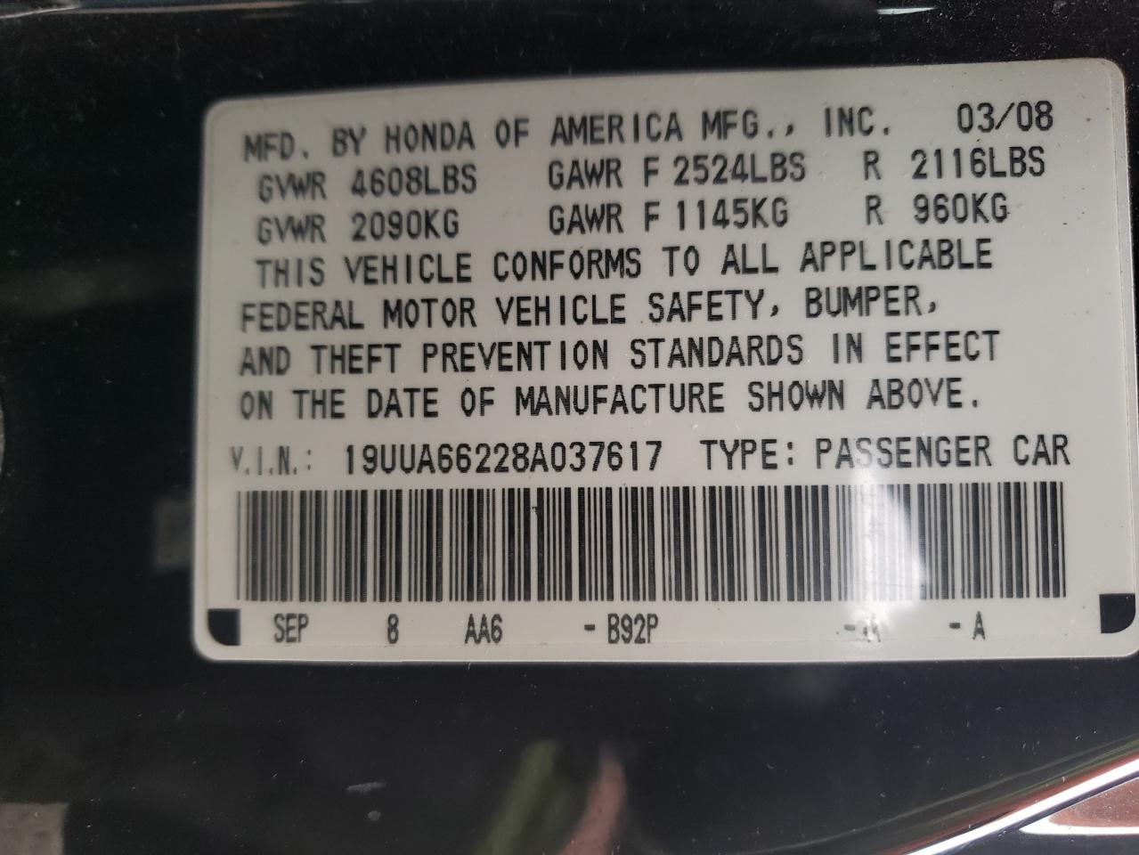 Photo 10 from auction – 2008 ACURA TL with VIN 19UUA66228A037617