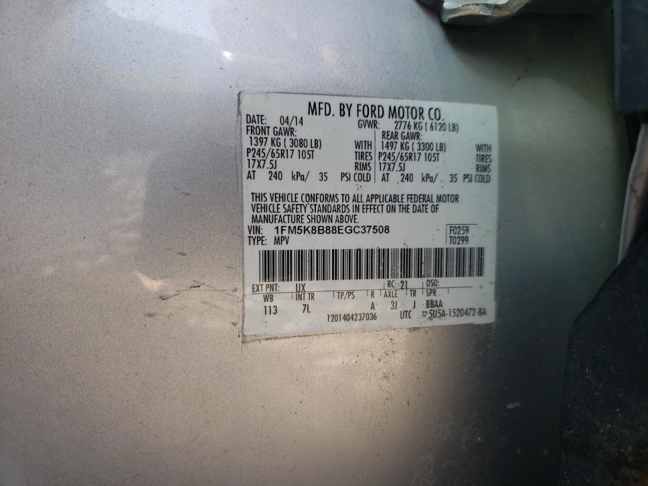 Photo 10 from auction – 2014 FORD EXPLORER with VIN 1FM5K8B88EGC37508