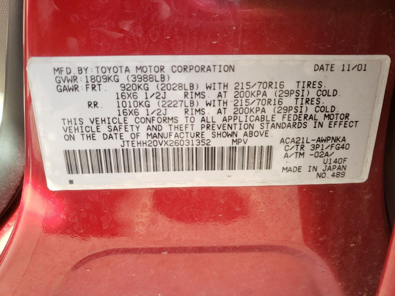 Photo 10 from auction – 2002 TOYOTA RAV4 with VIN JTEHH20VX26031352