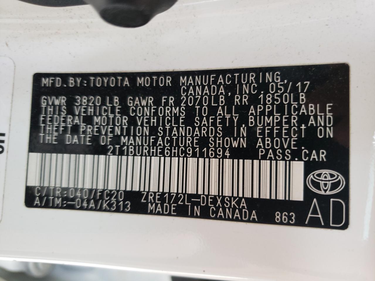Photo 10 from auction – 2017 TOYOTA COROLLA L with VIN 2T1BURHE6HC911694