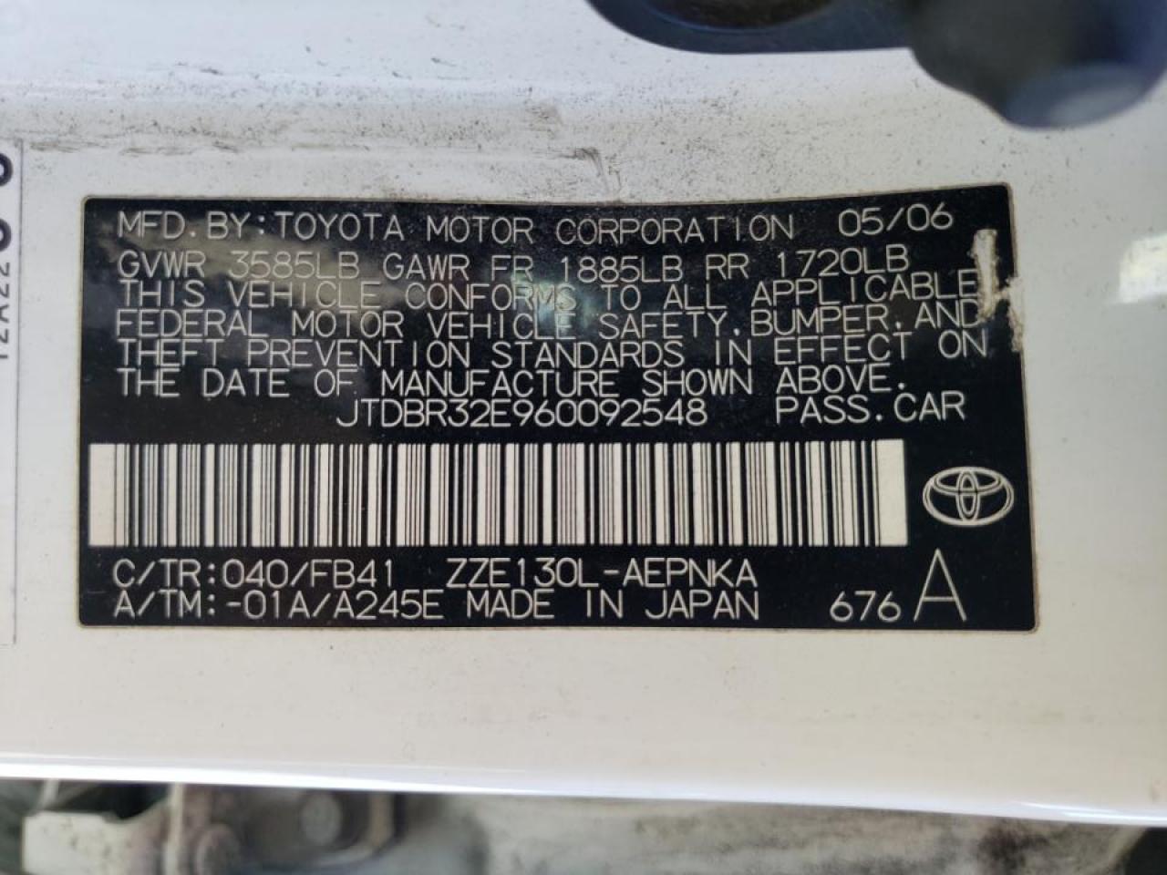 Photo 10 from auction – 2006 TOYOTA COROLLA CE with VIN JTDBR32E960092548