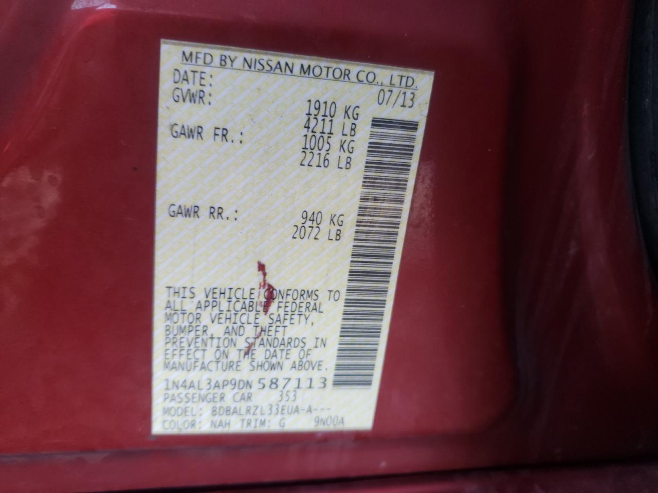 Photo 10 from auction – 2013 NISSAN ALTIMA 2.5 with VIN 1N4AL3AP9DN587113
