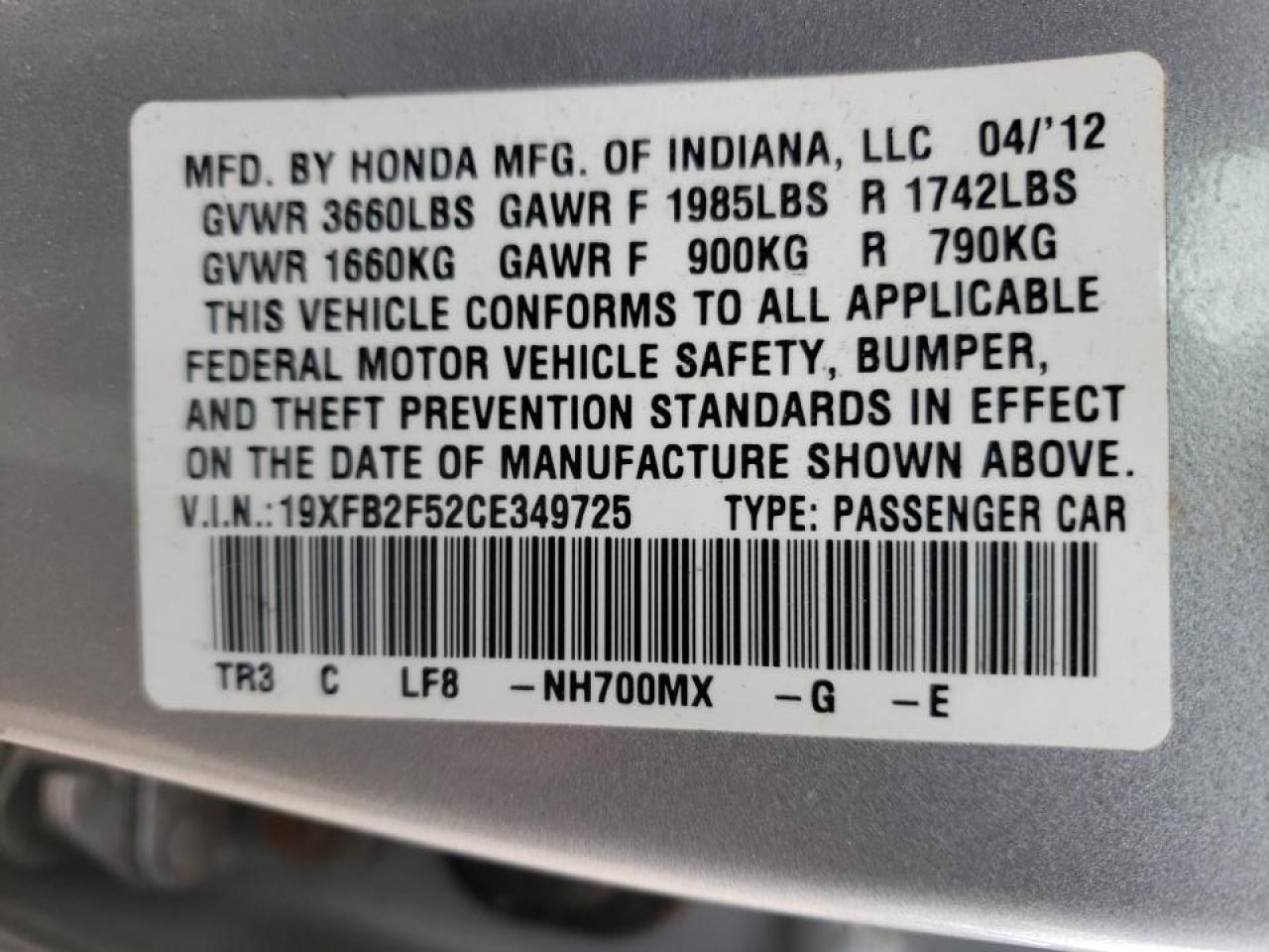 Photo 10 from auction – 2012 HONDA CIVIC with VIN 19XFB2F52CE349725