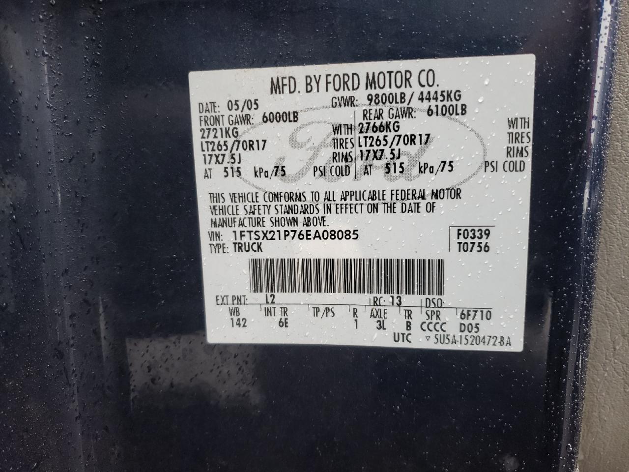 Photo 10 from auction – 2006 FORD F250 SUPER with VIN 1FTSX21P76EA08085