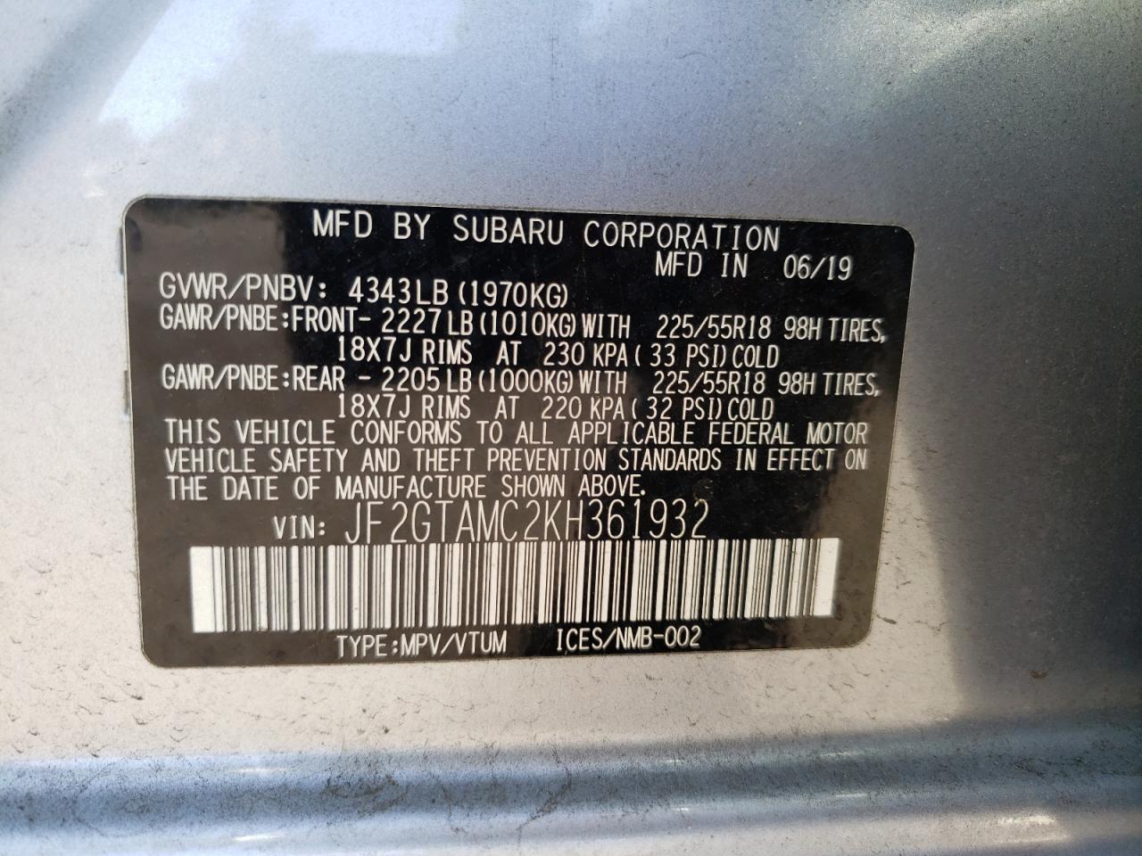 Photo 10 from auction – 2019 SUBARU CROSSTREK with VIN JF2GTAMC2KH361932