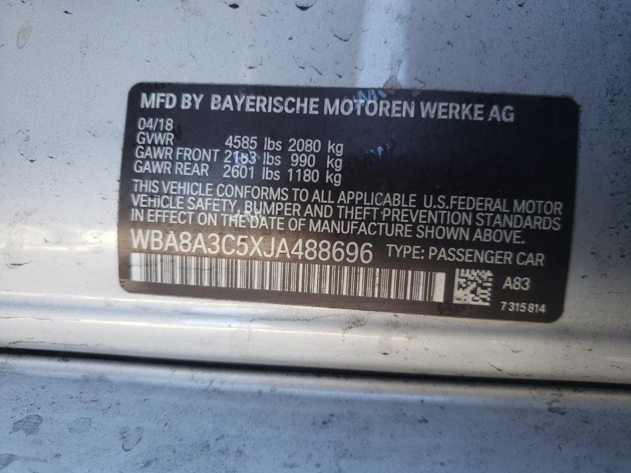 Photo 10 from auction – 2018 BMW 320 XI with VIN WBA8A3C5XJA488696