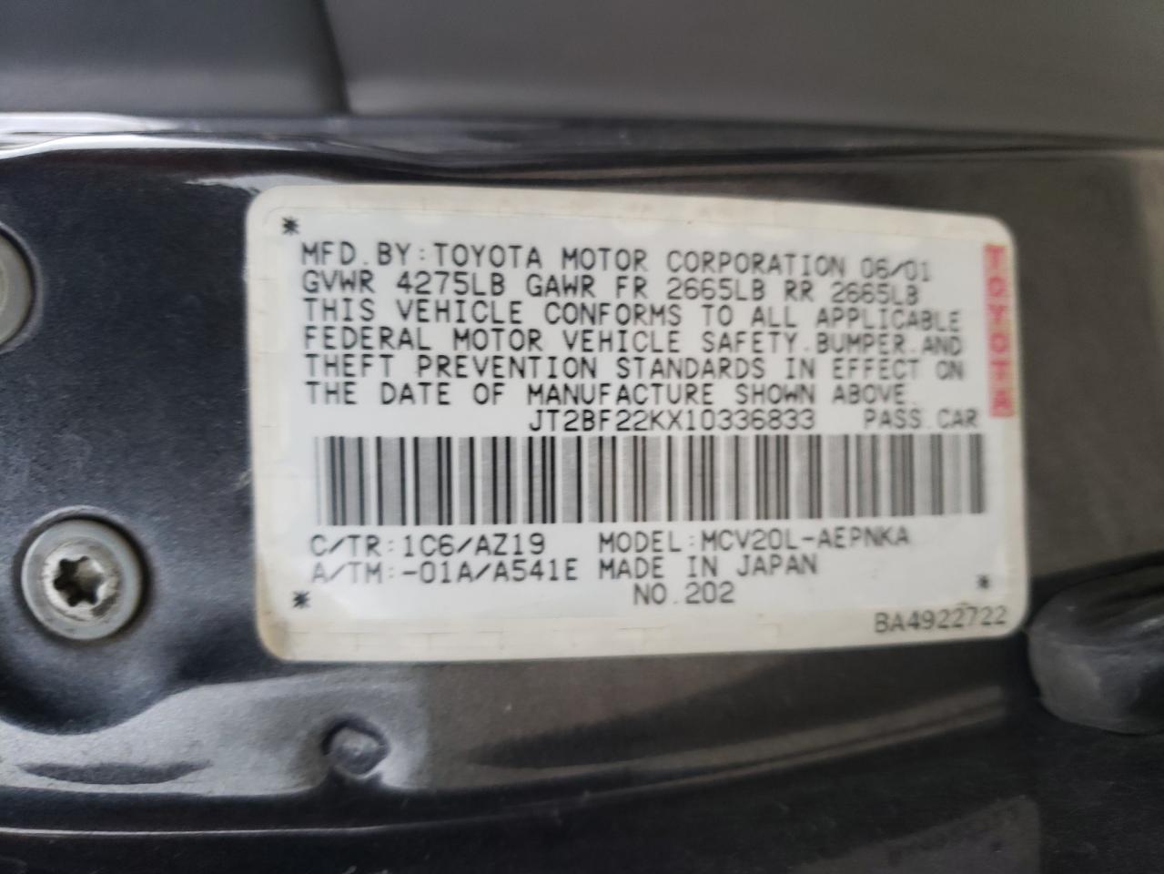 Photo 10 from auction – 2001 TOYOTA CAMRY CE with VIN JT2BF22KX10336833