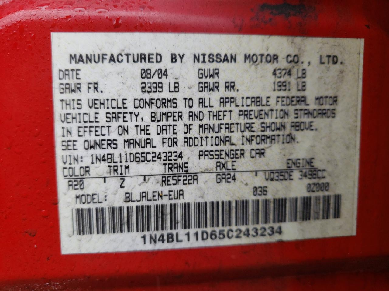 Photo 10 from auction – 2005 NISSAN ALTIMA SE with VIN 1N4BL11D65C243234