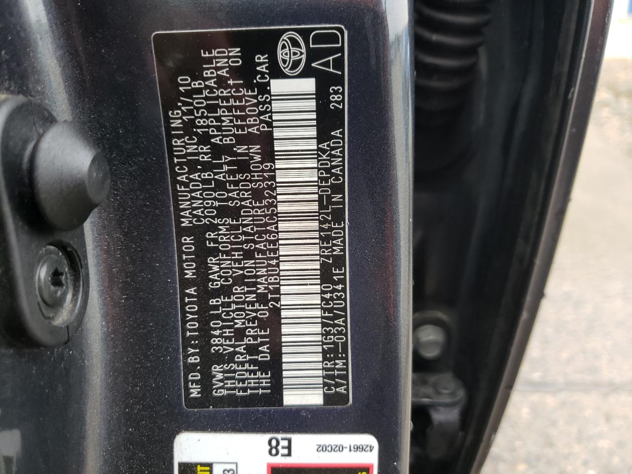 Photo 10 from auction – 2010 TOYOTA COROLLA BA with VIN 2T1BU4EE6AC532319