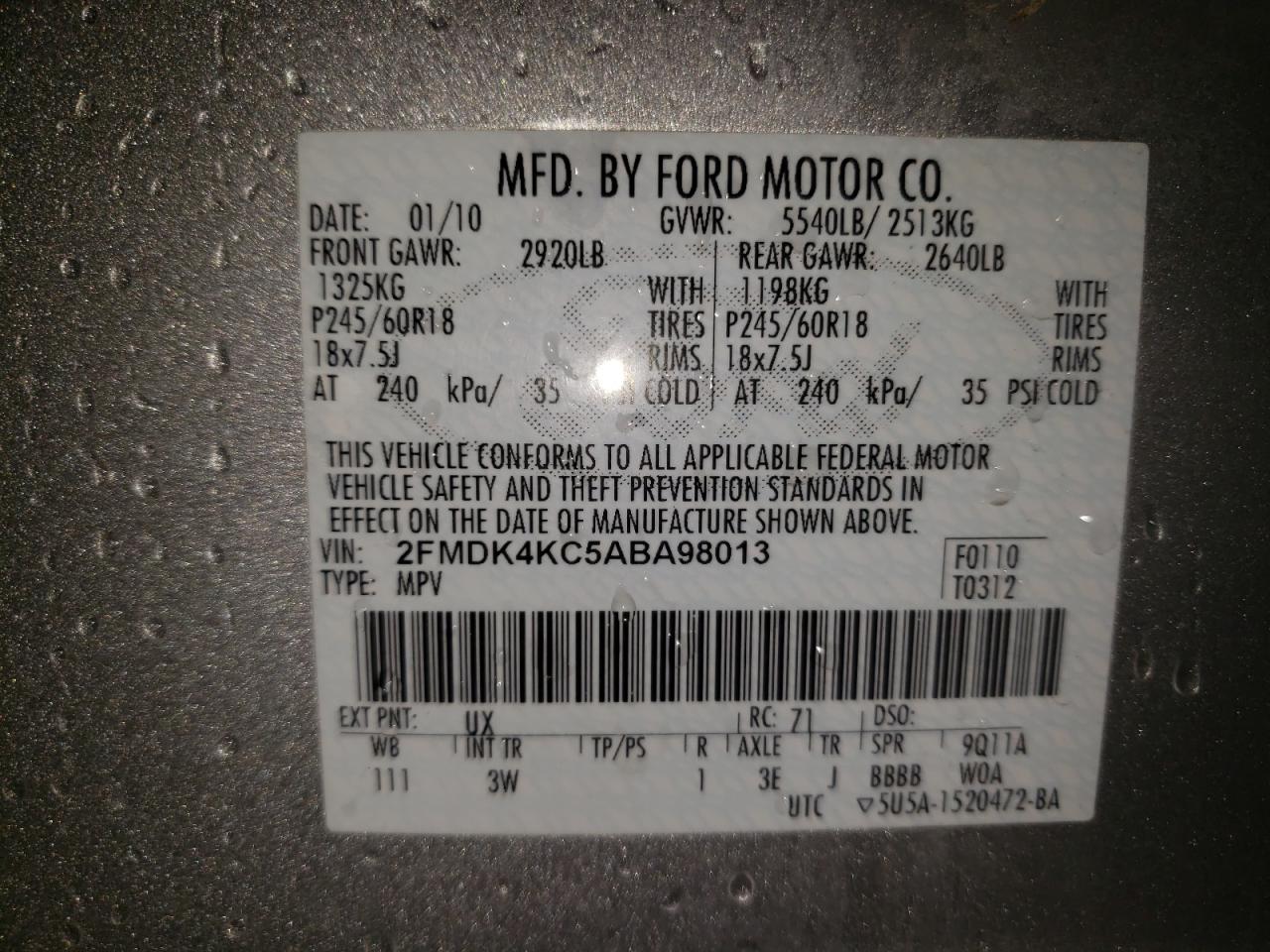 Photo 10 from auction – 2010 FORD EDGE LIMIT with VIN 2FMDK4KC5ABA98013