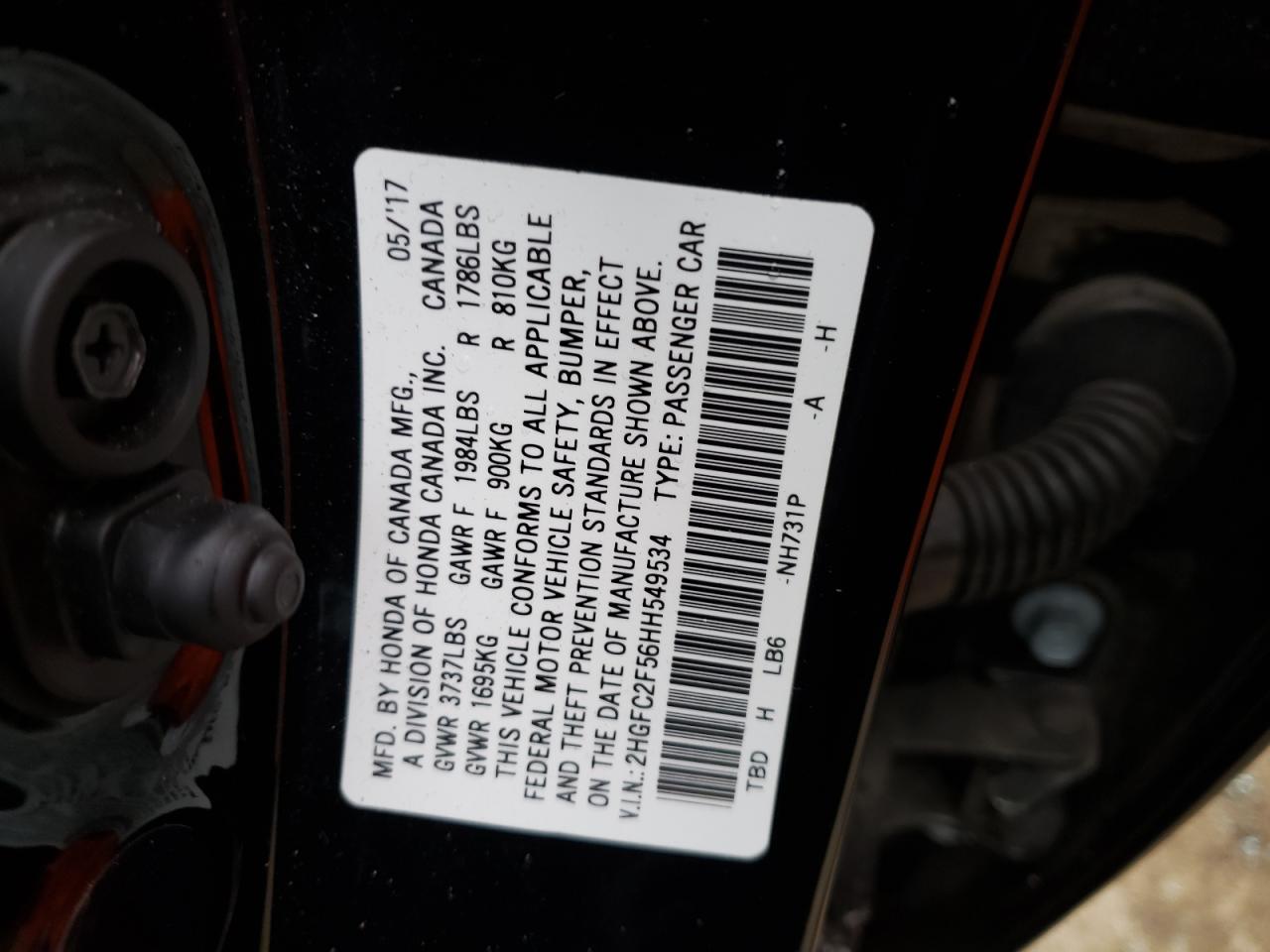 Photo 10 from auction – 2017 HONDA CIVIC LX with VIN 2HGFC2F56HH549534