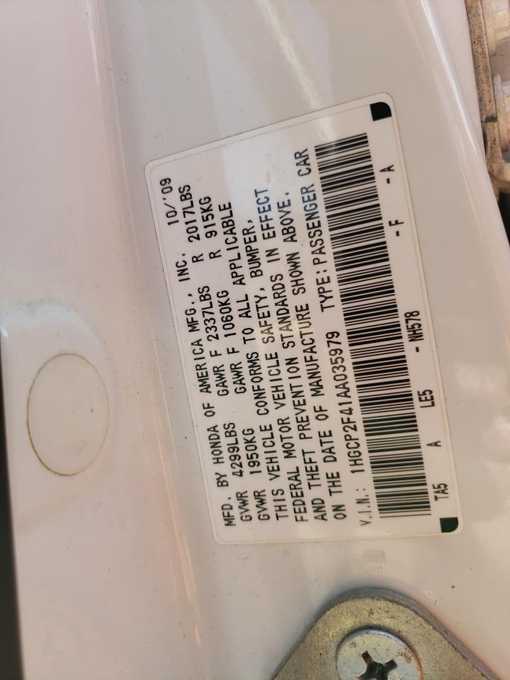 Photo 10 from auction – 2010 HONDA ACCORD LXP with VIN 1HGCP2F41AA035979