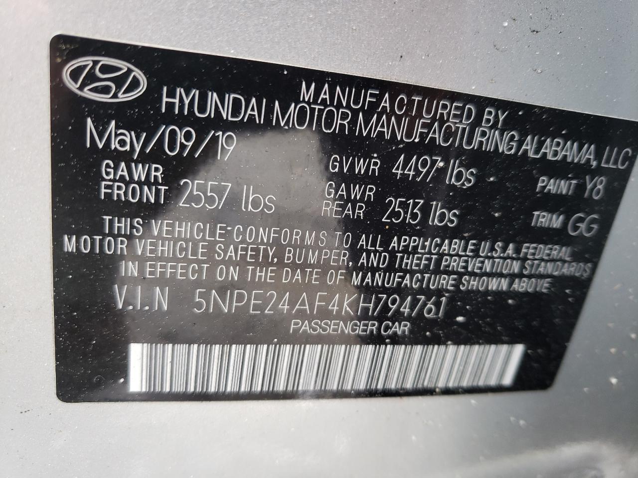 Photo 10 from auction – 2019 HYUNDAI SONATA SE with VIN 5NPE24AF4KH794761