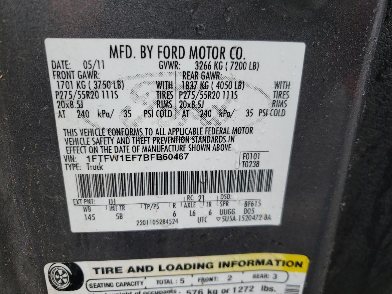 Photo 10 from auction – 2011 FORD F150 SUPER with VIN 1FTFW1EF7BFB60467