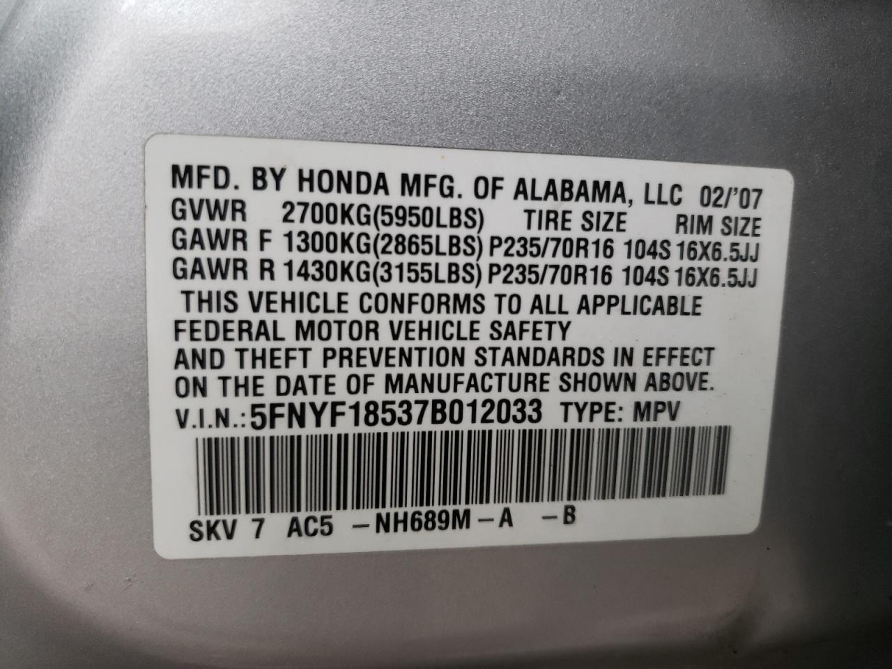 Photo 10 from auction – 2007 HONDA PILOT EXL with VIN 5FNYF18537B012033