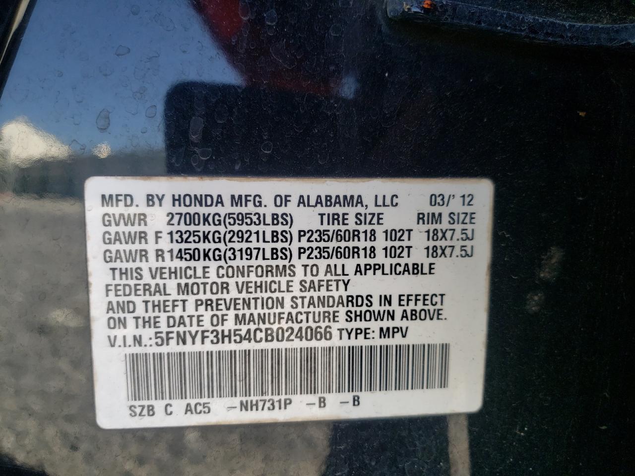 Photo 10 from auction – 2012 HONDA PILOT EXL with VIN 5FNYF3H54CB024066