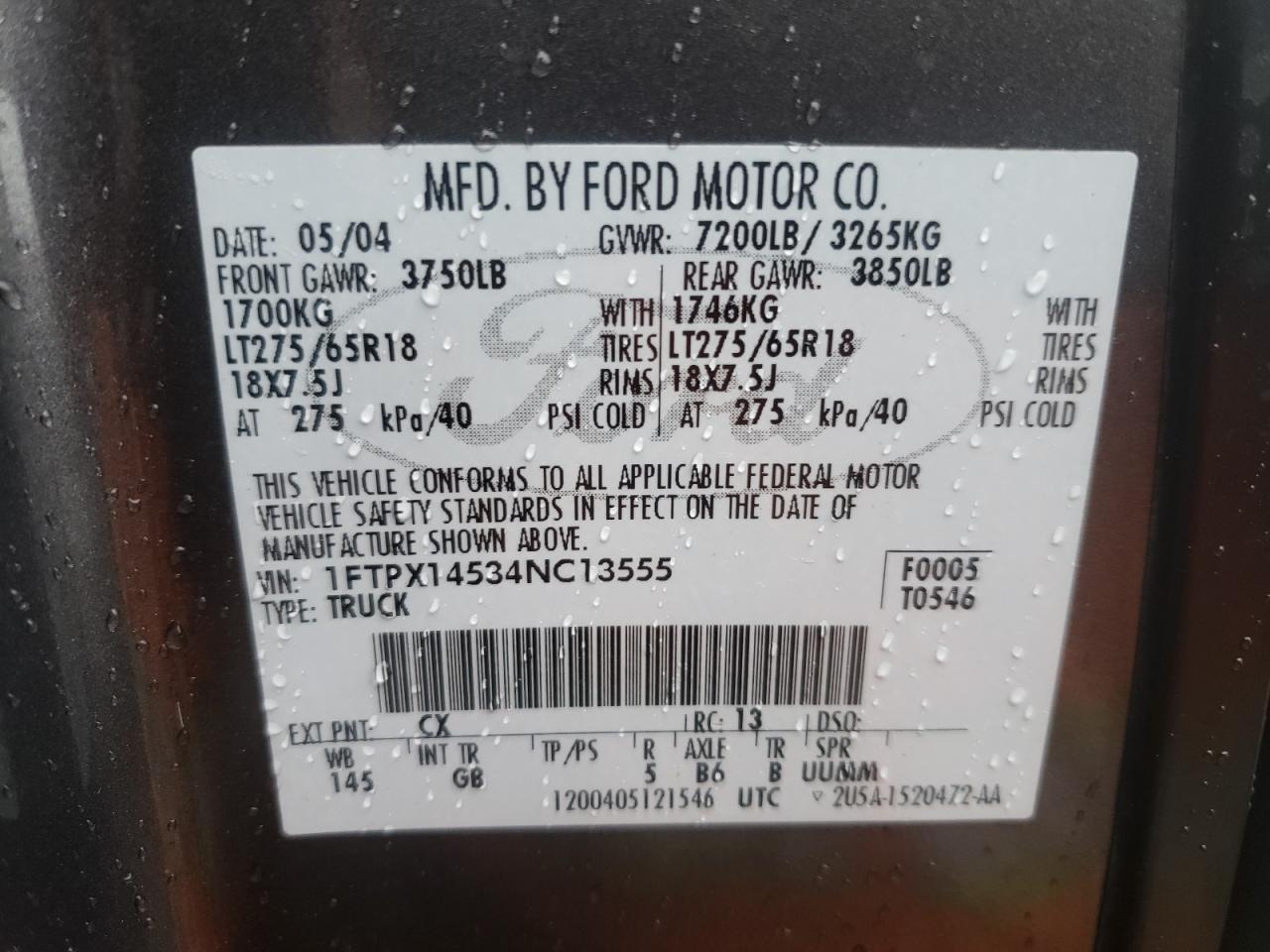 Photo 10 from auction – 2004 FORD F150 with VIN 1FTPX14534NC13555