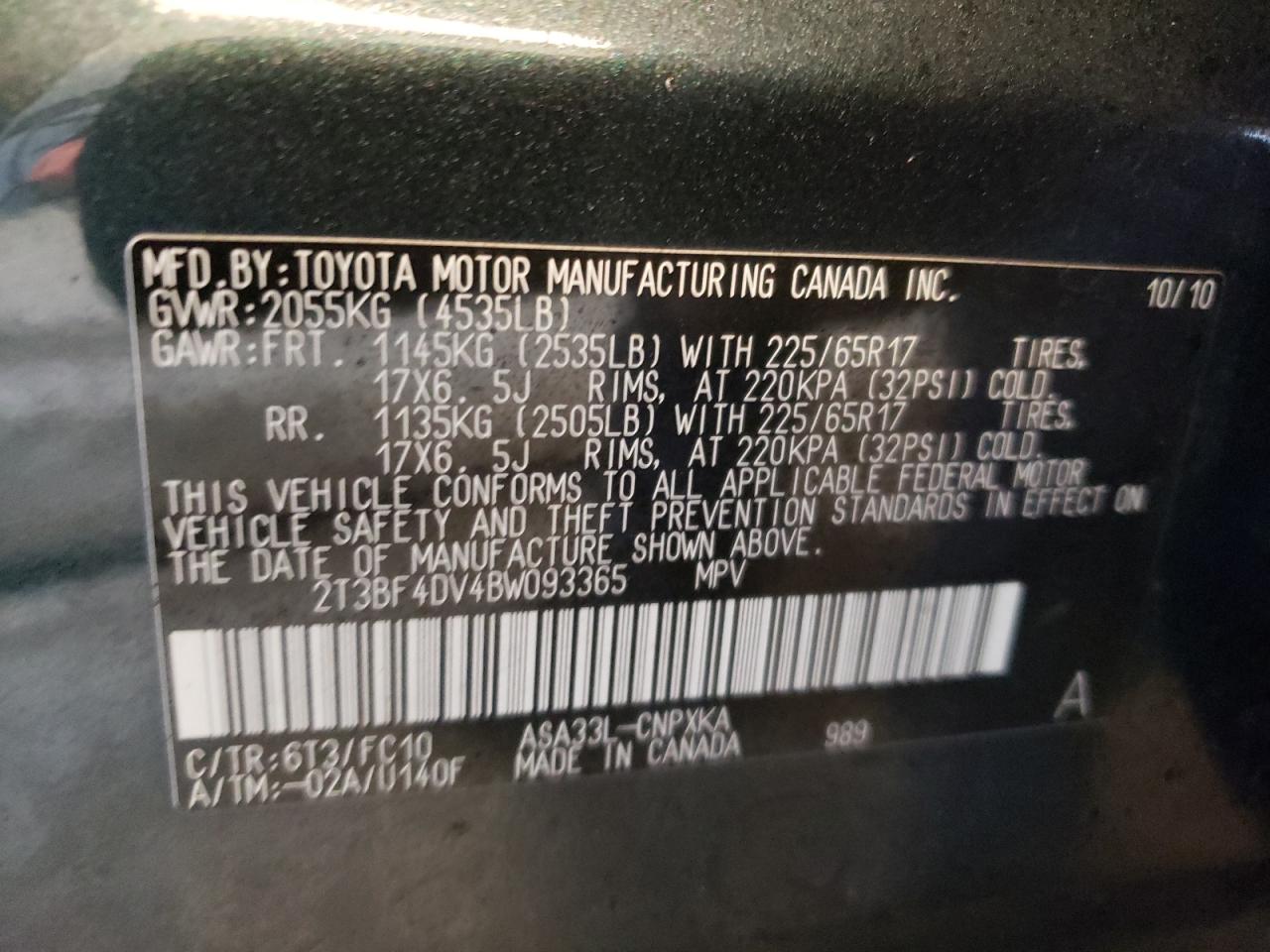 Photo 10 from auction – 2011 TOYOTA RAV4 with VIN 2T3BF4DV4BW093365