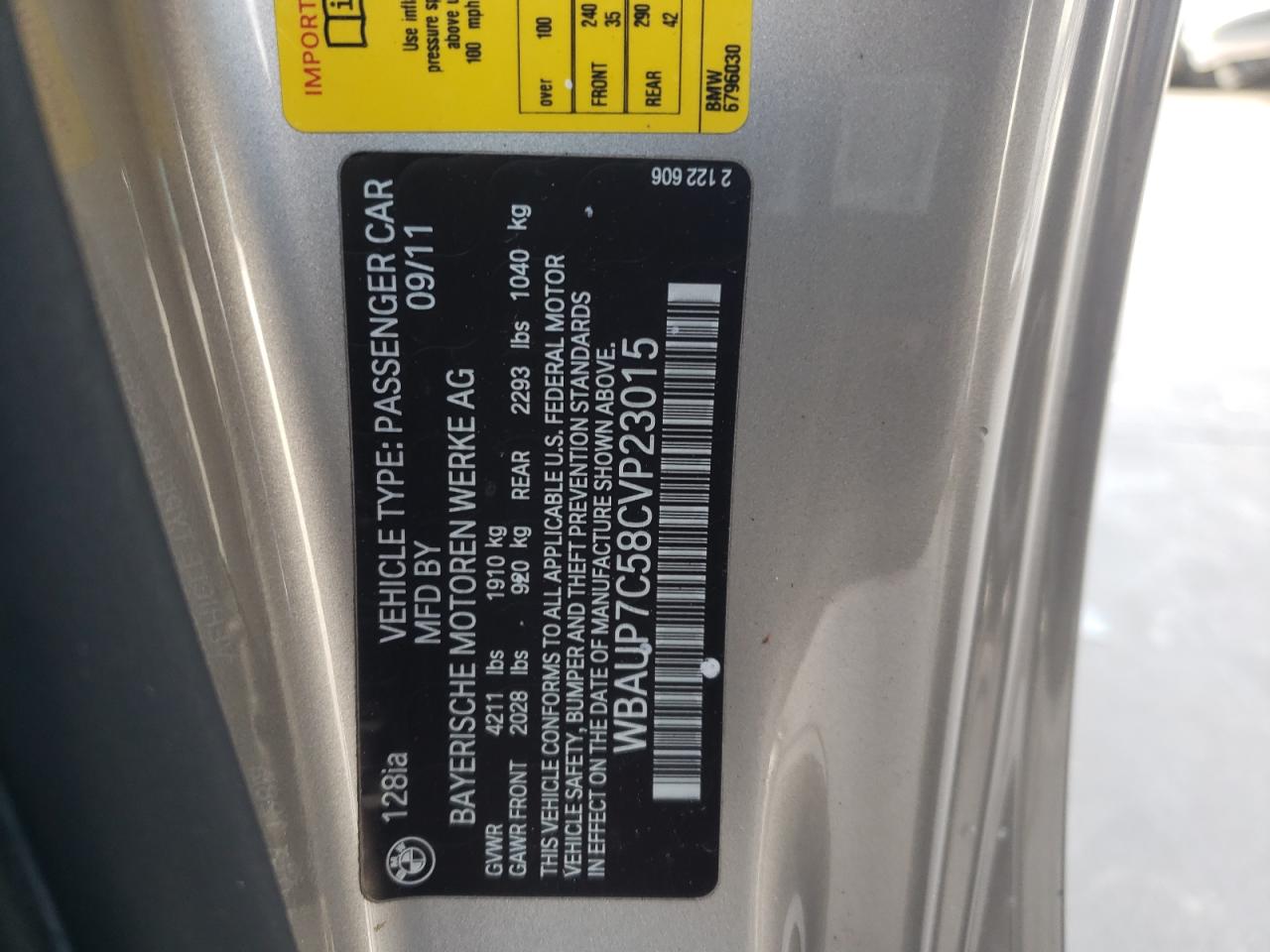 Photo 10 from auction – 2012 BMW 128 I with VIN WBAUP7C58CVP23015