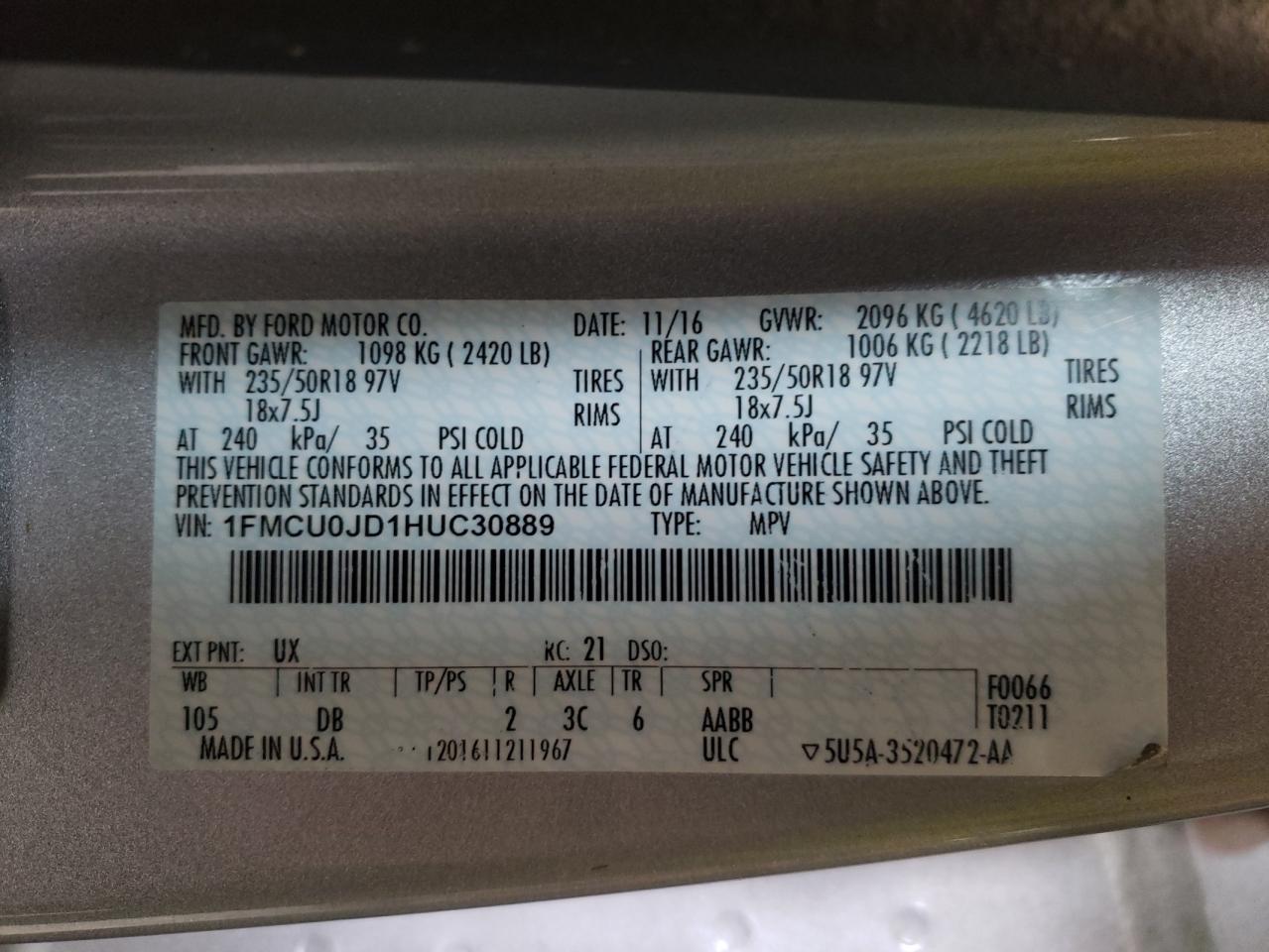 Photo 10 from auction – 2017 FORD ESCAPE TIT with VIN 1FMCU0JD1HUC30889