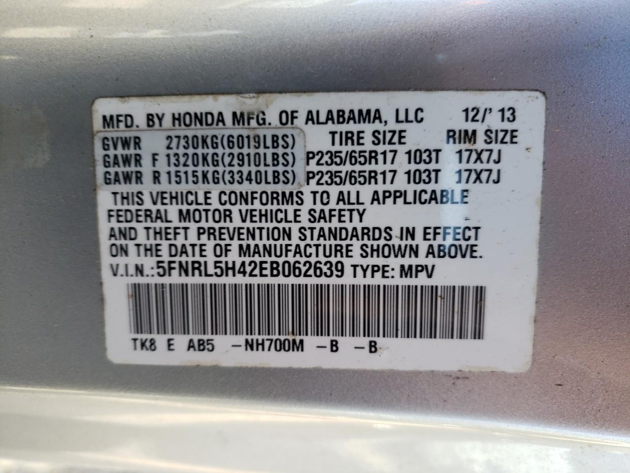 Photo 10 from auction – 2014 HONDA ODYSSEY EX with VIN 5FNRL5H42EB062639