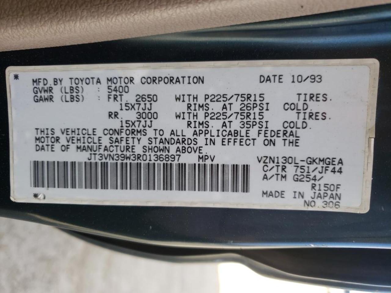 Photo 10 from auction – 1994 TOYOTA 4RUNNER VN with VIN JT3VN39W3R0136897