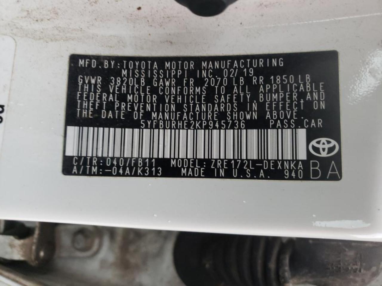 Photo 10 from auction – 2019 TOYOTA COROLLA L with VIN 5YFBURHE2KP945736