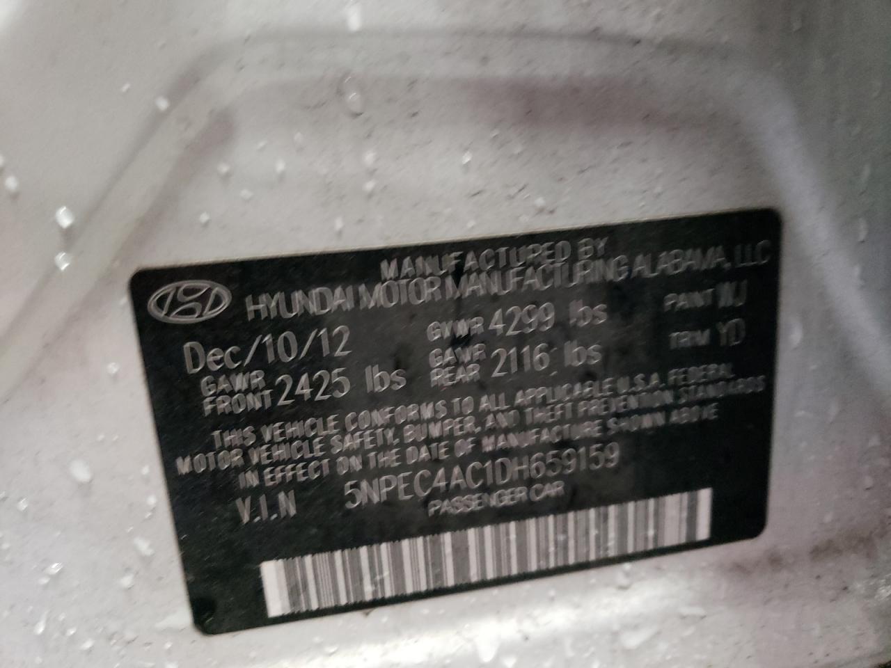 Photo 10 from auction – 2013 HYUNDAI SONATA SE with VIN 5NPEC4AC1DH659159