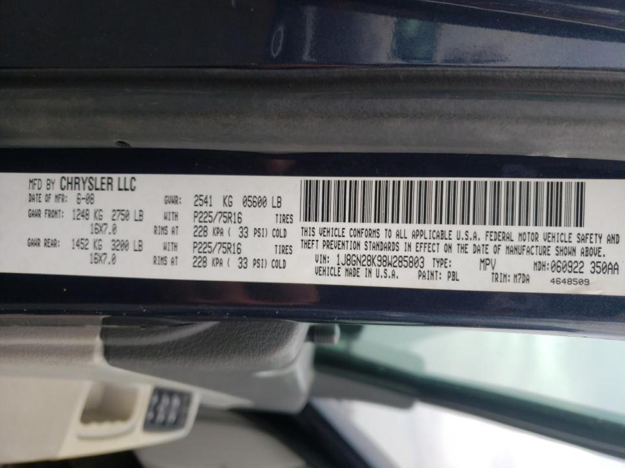 Photo 10 from auction – 2008 JEEP LIBERTY SP with VIN 1J8GN28K98W285803