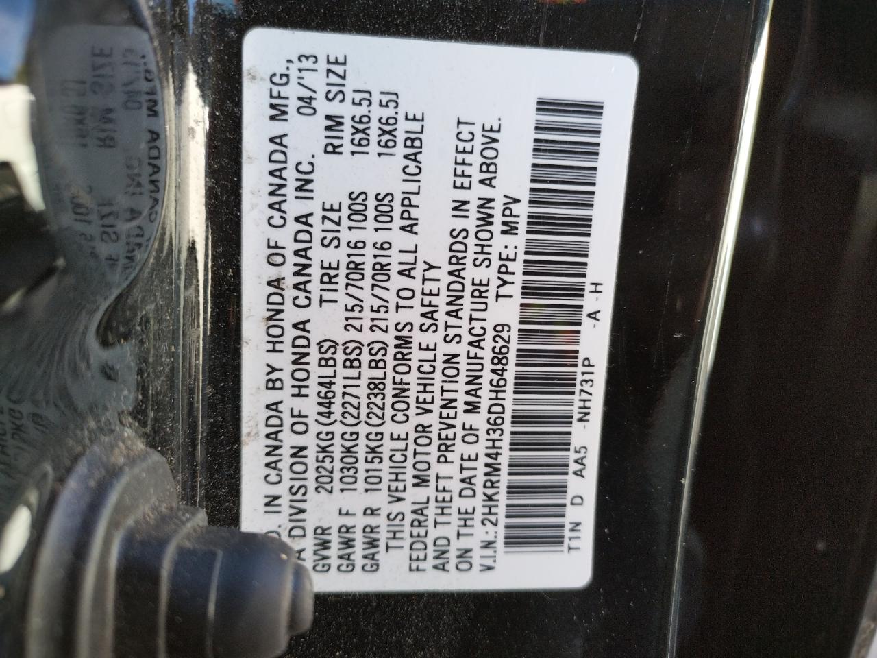 Photo 10 from auction – 2013 HONDA CRV with VIN 2HKRM4H36DH648629