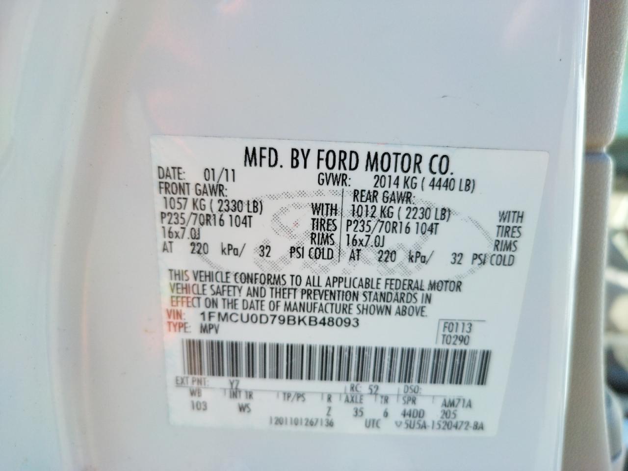 Photo 10 from auction – 2011 FORD ESCAPE XLT with VIN 1FMCU0D79BKB48093